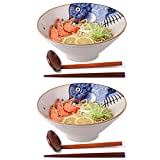 Ciotola per zuppa di noodle di ramen in ceramica giapponese, 2 Set (6 Pezzo) 60 once, con cucchiaio e bacchette abbinati per noodles asiatici Udon Soba Pho, blu