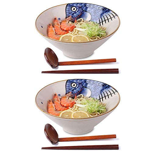 Ciotola giapponese per zuppa di noodle di ramen in ceramica, 2 Set (6 Pezzo) 60 once, con cucchiaio e bacchette abbinati per noodles asiatici Udon Soba Pho, blu